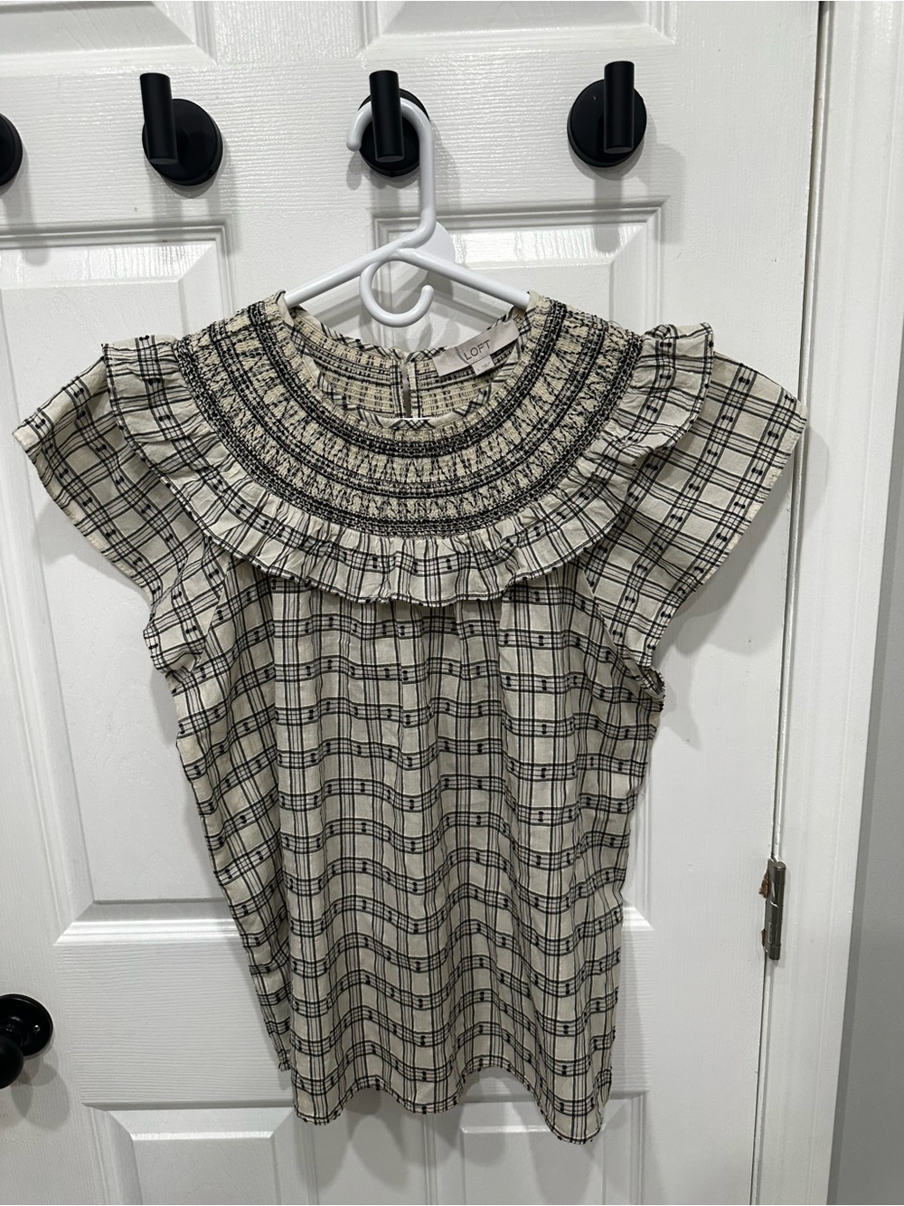 LOFT Cream and Black Textured Plaid Smocked Top